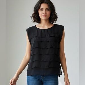 Lily White Black Semi-Sheer Front Tiered Valance Blouse Size Small